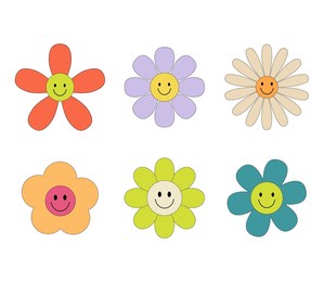 groovy retro flowers daisy set. hippie psychedelic stickers in 1970 style. vector disco flowers with face isolated on white background
