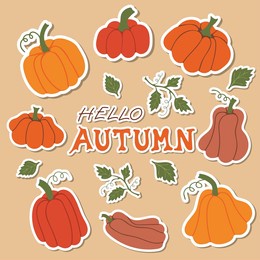 hello autumn. set of pumpkin stickers. autumn design elements for posters, invitations, covers, banners, placards and brochures.vector illustration.