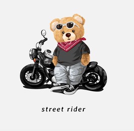 street rider slogan with bear doll leaning on motorcycle vector illustration
