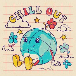 old sharpen poster, tee, t shirt and sticker with groovy earth character in trendy retro cartoon style. 70's funny globe with fun slogan: chill out. good vibes and smiley face