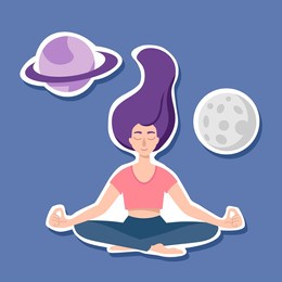 flat illustration with yoga girl on the blue background with planets for web, stickers, posters and design