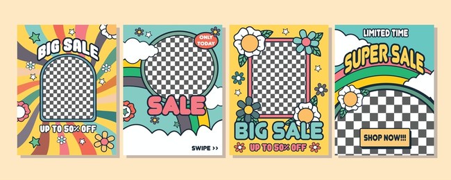 hand drawn groovy sale instagram story collection. background design for social media. vector design