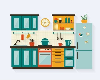 kitchen with furniture and long shadows. flat style vector illustration.