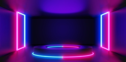 abstract backgound video game of scifi gaming cyberpunk, vr virtual reality simulation and metaverse, scene stand pedestal stage, 3d illustration rendering, futuristic neon glow room