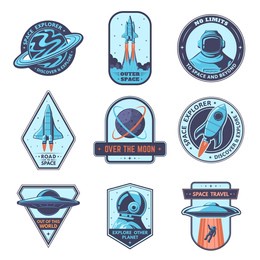 space badges. explore other planet patches, space travel badge and over the moon emblem vector set. launching rocket for outer space exploration, cosmos expedition, ufo spaceship abducting man