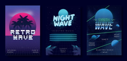 retro neon party posters. synthwave, electro music posters design. abstract retro futuristic background templates. templates for banner, poster, cover, flyer. retro 80's design. vector illustration