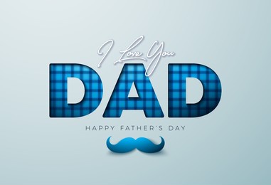 happy father's day greeting card design with mustache on light background. vector celebration illustration with checkered pattern i love you dad lettering. template for banner, flyer or poster