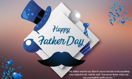father's day poster or banner template with necktie and gift box on blue background. greetings and presents for father's day in flat lay styling , happy father’s day calligraphy greeting card.