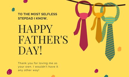 father's day poster or banner template with necktie and gift box on blue background. greetings and presents for father's day in flat lay styling , happy father’s day calligraphy greeting card.