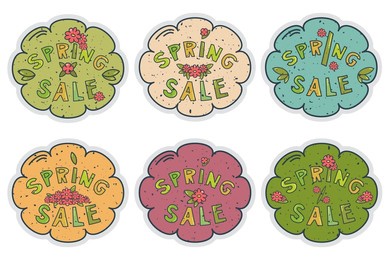 set of floral spring sale stickers with flower, foliage, plants. retro frame for banner, flyer, promotion poster, invitation, advertising template. special offer concept. vector illustration.