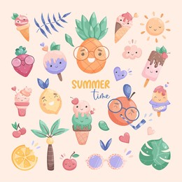 summer time set of cute elements. funny ice cream, pineapple, sun, orange, glasses, leaves, palm. vector illustration for postcard, poster, sticker, packaging, fabric etc.