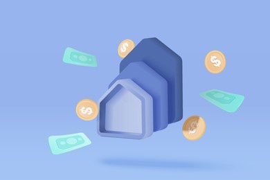 3d vector real estate and coin stack on white background. money saving to loan house, property concept of financial, money investment. stack of coins and a tiny house bank on blue background