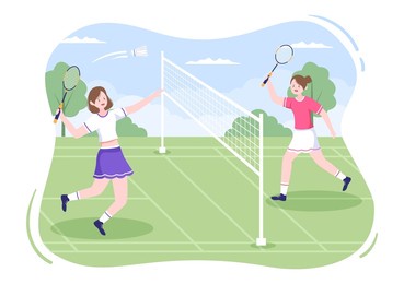 badminton player with shuttle on court in flat style cartoon illustration. happy playing sport game and leisure design