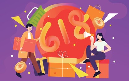 boy shopping with various shopping bags, girl sitting on gift box, vector illustration