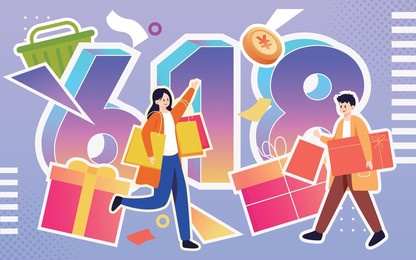 boys and girls hold various shopping bags in their hands with various gift boxes and shopping bags in the background, vector illustration
