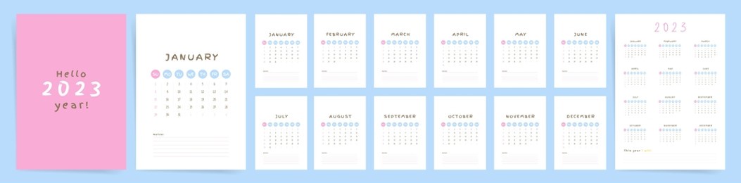 2023 wall calendar template design. ready to use cute pink personal calendar and planner with place for notes. vector vertical 12 months 2023 calendar. starts on sunday.