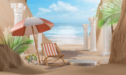 summer background 3d product display platform scene with surfboard platform. sky cloud summer background 3d render on the ocean display. podium on sand beach cosmetic product display stand