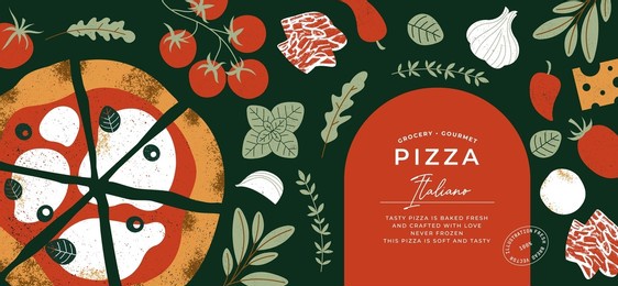 italian pizza horizontal design template. pizza margherita with tomatoes and mozzarella on the dark background. vector illustration.