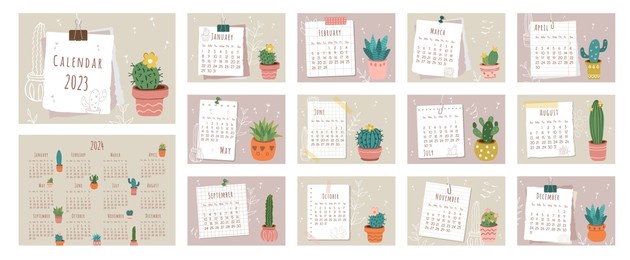 2023 calendar. cover, set of 12 months pages and page with 2024 calendar. pieces of papers, different types of cacti and cacti contours in flat style. week starts on saturday. vector illustration.