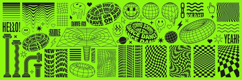 rave psychedelic acid set with smile stickers. trippy illustrations, surreal geometric shapes, abstract backgrounds and patterns. vector elements and signs in trendy psychedelic weird 90s style.