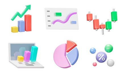 charts and graphs icon set. charts and graphs. pie , line , candlestick chart. planning and visualization of statistics. isolated 3d icons, objects on a transparent background