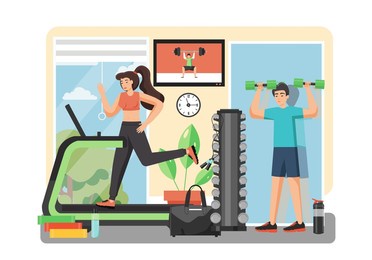 young man and woman training at the gym, flat style design illustration. girl running on treadmill, boy exercising with dumbbells. sport workout, fitness gym, healthy lifestyle concept.