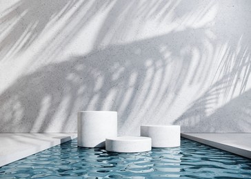 exhibition podium, stand in a pool with clear water for premium product - 3d render. abstract natural,organic background for advertising products, spa body care, relaxation, health.