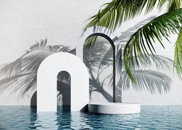 exhibition podium, stand in a pool with clear water for premium product - 3d render. abstract natural,organic background for advertising products, spa body care, relaxation, health.