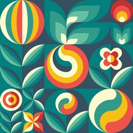 background fruits and green leaves nature. abstract geometric seamless pattern. decorative ornament in flat design style. ripe harvest banner. floral backdrop. organic vegetables product. tropical.