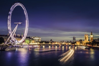 london at twilight. london eye, county hall, westminster bridge, big ben and houses of parliament.