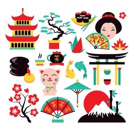 japan symbols set with traditional food and travel icons isolated vector illustration