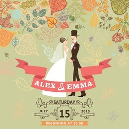 retro wedding invitation with autumn leaves. cute cartoon couple groom and bride in retro style with swirling border,ribbons.vector design template