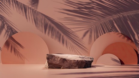 podium, minimal stage with organic forms. stone podium on a soft pink background. the shadows of the leaves hit the cylindrical wall. stone platform. 3d rendering.