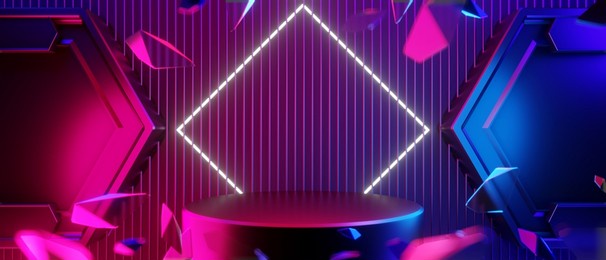 abstract backgound video game of esports scifi gaming cyberpunk, vr virtual reality simulation and metaverse, scene stand pedestal stage, 3d illustration rendering, futuristic neon glow room