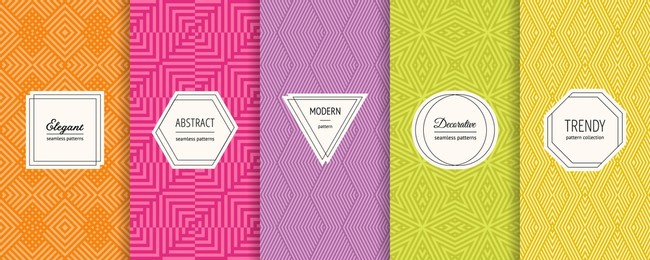 vector geometric seamless patterns collection. set of bright colorful background swatches with elegant minimal labels. cute abstract textures. trendy design. orange, pink, purple, green, yellow color