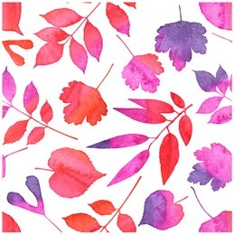 seamless vector pattern. watercolor bright pink, red and violet leaves om white background. 