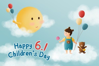 happy children's day. mr. sun smiling to the little girl and teddy bear in the blue sky. 
