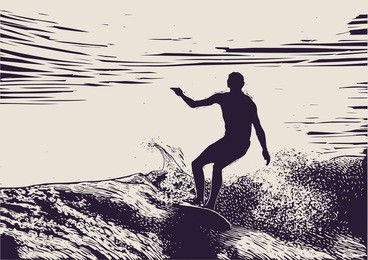 silhouette surfer and big wave. engraving style. vector illustration. 