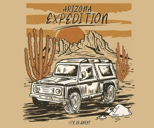 desert road trip vector graphic print design for apparel, stickers, posters, background and others. arizona desert t-shirt design. western desert vintage artwork. africa, sahara, or arizona nature. 