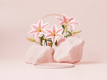 3d minimal display podiums with pink flower and stones on pink background. 3d rendering of abstract presentation for product advertising. 3d minimal illustration.