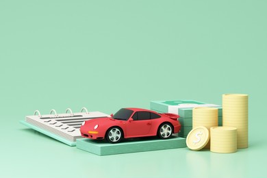 car (automobile) insurance and collision damage waiver concept surrounding by gold coin and cash with sport car model and insurance form isolated on green pastel background. realistic 3d render