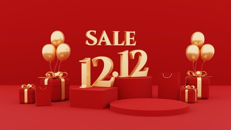 red 12.12 shopping sale day poster or banner with gift box and shopping bag.12 december sales banner template design for social media and website. 3d rendering