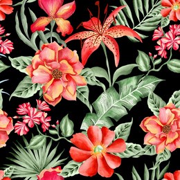 watercolor flowers pattern, red tropical elements, green leaves, black background, seamless