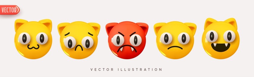 set of icons emotion realistic 3d render. yellow glossy emoticons. vector illustration