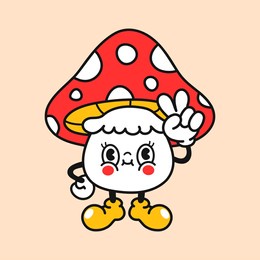 cute funny amanita mushroom show peace gesture t-shirt print design. vector retro vintage cartoon character illustration. funny hippie mashroom print for t-shirt,poster,sticker,logo art concept