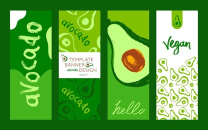 vector banner template with avocado pattern for healthy food website, organic cosmetics products. hand drawn avocados for vegetarian cooking shop design, label, badge, packaging. trendy ingredients.