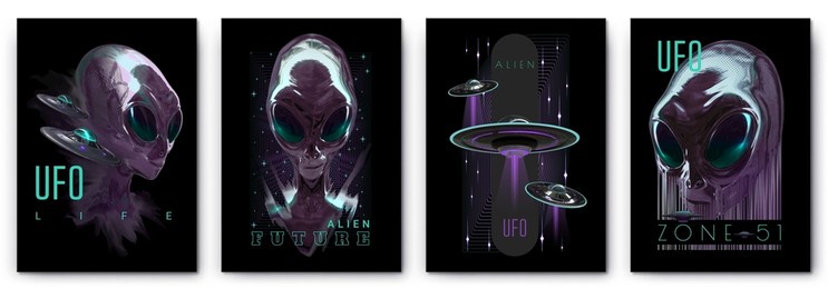 modern collection of acid ufo posters in the style of techno, rave music with neon 3d realistic alien psychedelics.world ufo day. zone 51 print for clothing sweatshirts and t-shirts background