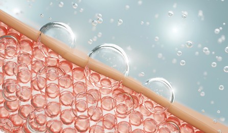 transparent collagen bubble, serum and vitamin drop on skin cell. serum through the skin layer and reduce up saggy skin of the skin cell. 3d rendering.