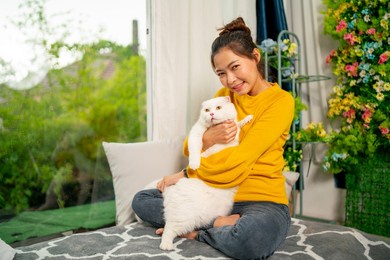 asian pretty girl with yellow long-sleeved shirt enjoy to play with cat in living room at home. concept of happiness with pet and love animal.