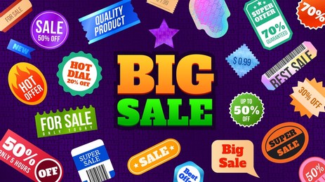 trendy shop sale poster with special offer discount 90s stickers. promotion banner with hologram percent labels. market  advertising. shopping template with best bargains or super deals